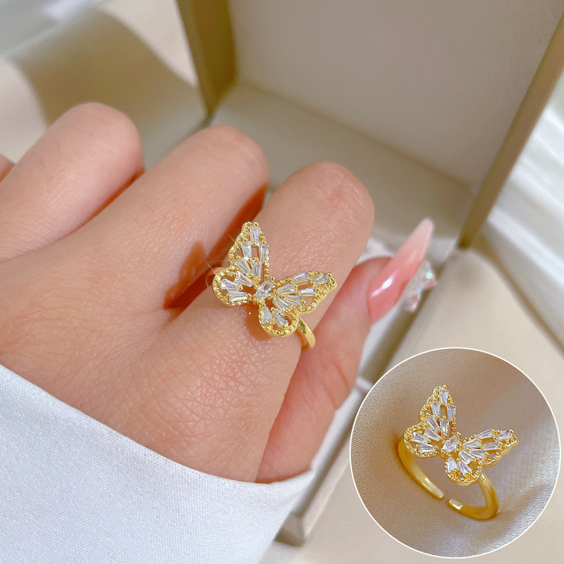 【 Real Gold electroplating 】 Open Heavy Industry Butterfly Fashion Micro-inlay Light Luxury Ring Index finger Ring, the same style as Internet celebrities, cold style full figure