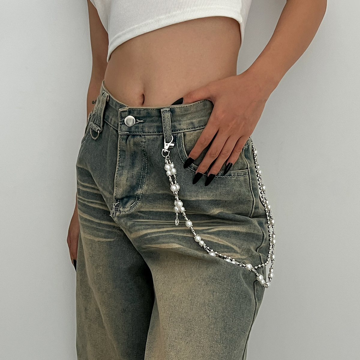 European and American cross-border jewelry punk style cross patchwork trouser chain, ins fashion street imitation pearl beaded waist accessory full figure