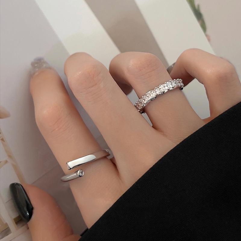 Minimalist opening adjustable plain ring, women's niche design, ins cold style set, zircon full diamond food ring Specification drawing