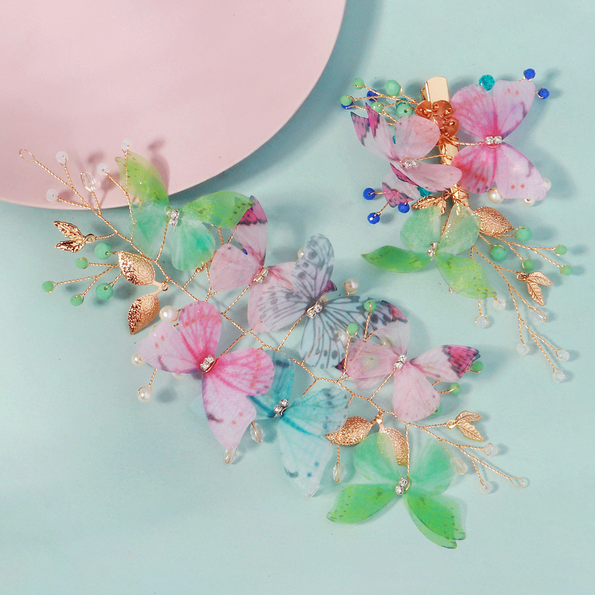 Vacation-style colorful mesh butterfly hair band, forest-themed fairy pearl crystal bead hair clip, fresh and sweet photo hair accessory details Picture