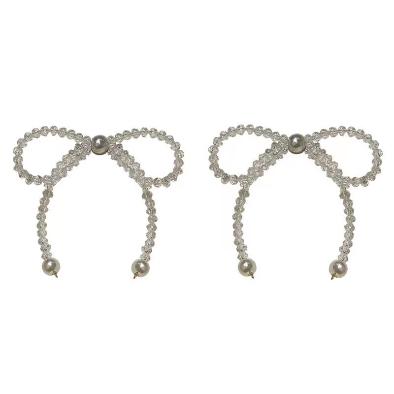 Simple and ethereal crystal bow tassel stud earrings, fashionable and versatile for women, with a girlish design sense Item Picture