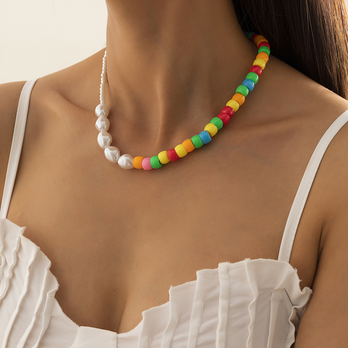 European and American cross-border jewelry: Simple candy-colored patchwork round bead collarbone chain, color-blocking single-layer pearl imitation necklace full figure