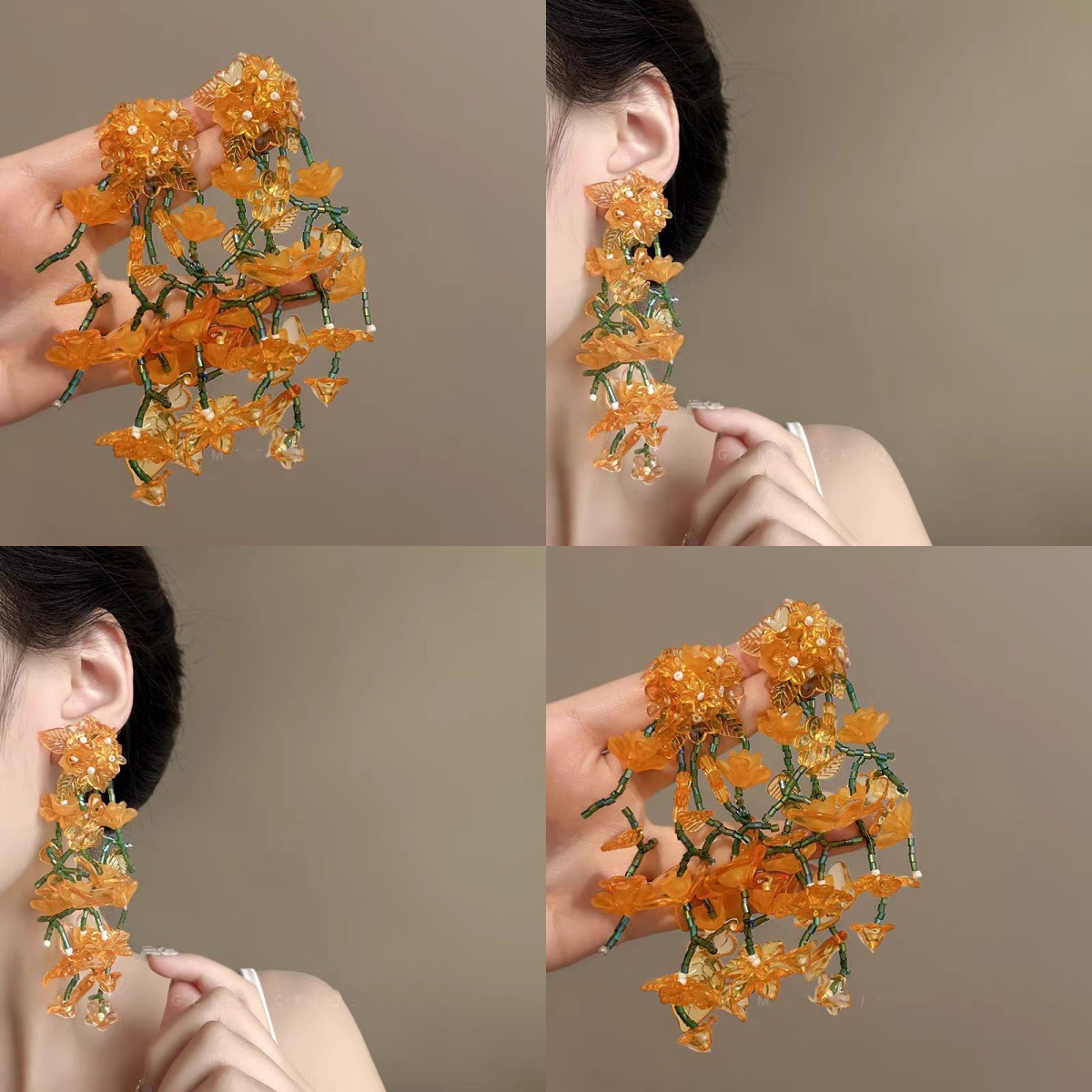 Orange Blossom Sea ~ Orange flower exaggerated tassel earrings, super ethereal, unique and fashionable earrings, summer face-enhancing small earrings full figure