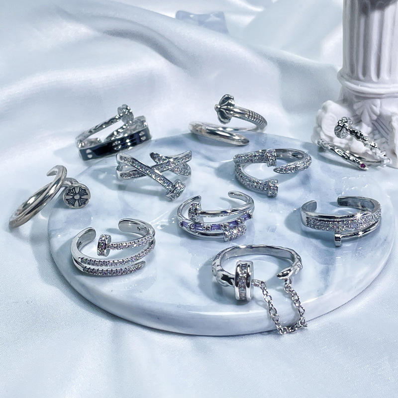A high-end, slightly inlaid zircon open ring for women's light luxury, niche ins style, cold and fashionable, versatile ring trend Specification drawing