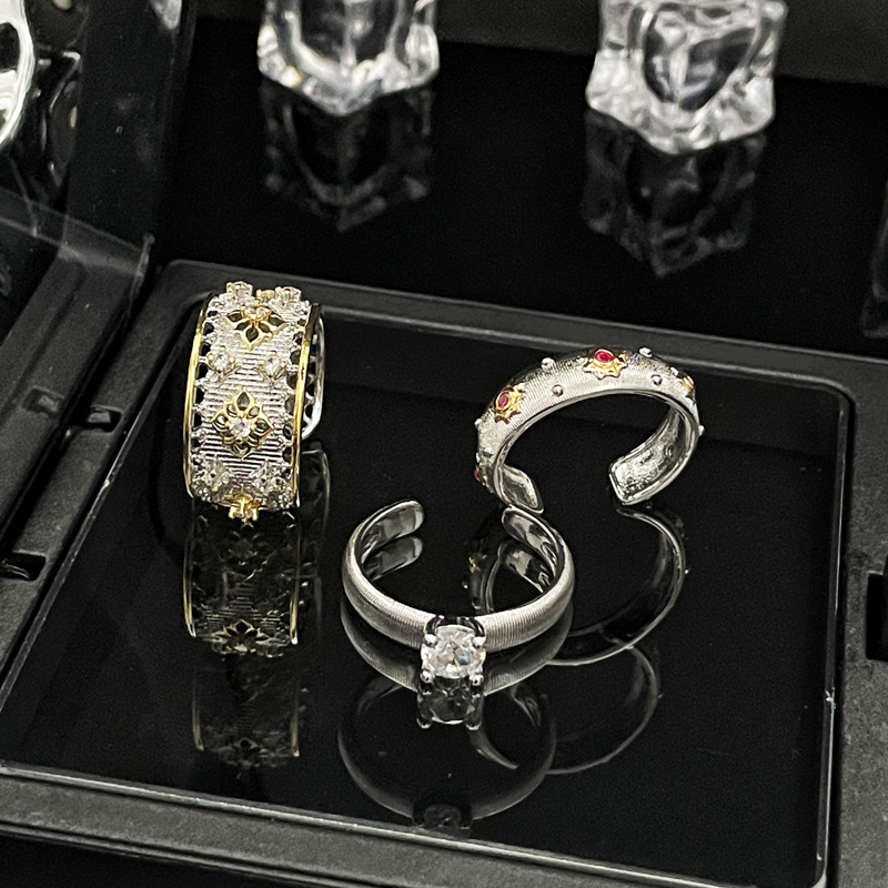 New Chinese-style, retro brushed, color-separated open ring, a fashionable and high-end ring with a touch of ancient court style for women Specification drawing