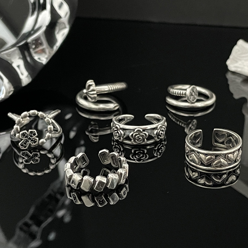 Retro and aged, fashionable, versatile, simple and open ring with nail, plain ring, women's Instagram cold style irregular index finger ring full figure