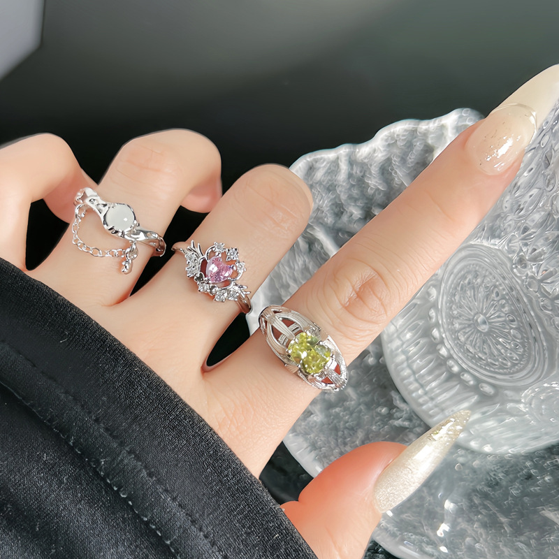 Korean-style light luxury pink diamond heart-shaped sweet and cool exquisite open ring, moonstone chain for women, versatile and fashionable index finger ring trend full figure