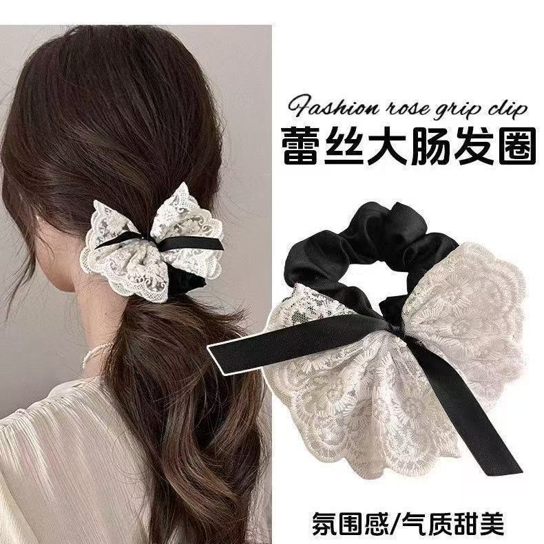 White lace bow large intestine hair band, Korean style hair accessory, head accessory, new popular girls' hair tie fabric hair rope full figure