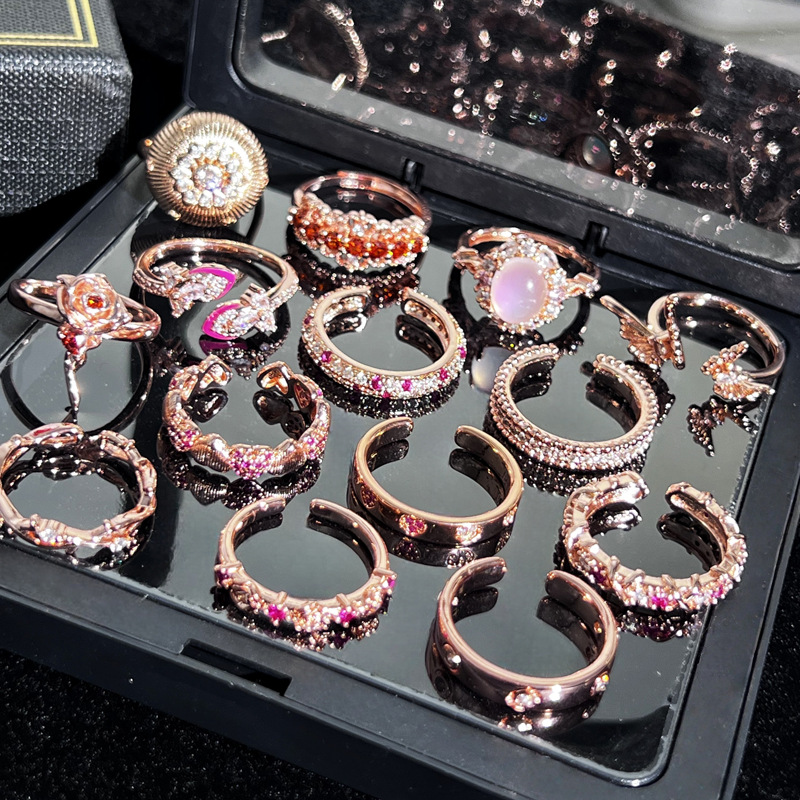 New row diamond light luxury and high-end layered ring for women, rose gold retro cross cold style niche index ring details Picture