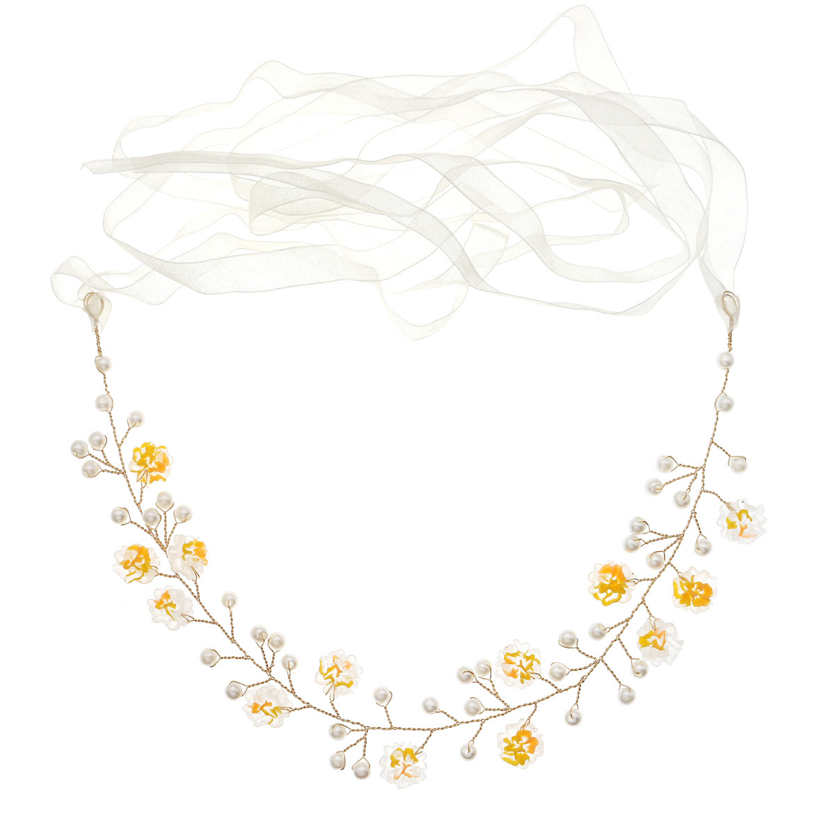 New cross-border yellow acrylic flower pearl hair band, high-end birthday and wedding bun headwear, bride's hair band Item Picture