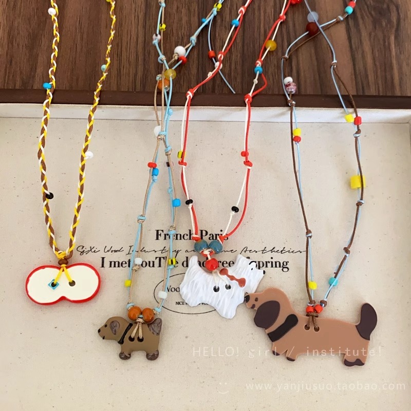 Cute and adorable apple heart-shaped puppy pendant necklace for women, colorful, fashionable and versatile long braided rope collarbone chain Specification drawing