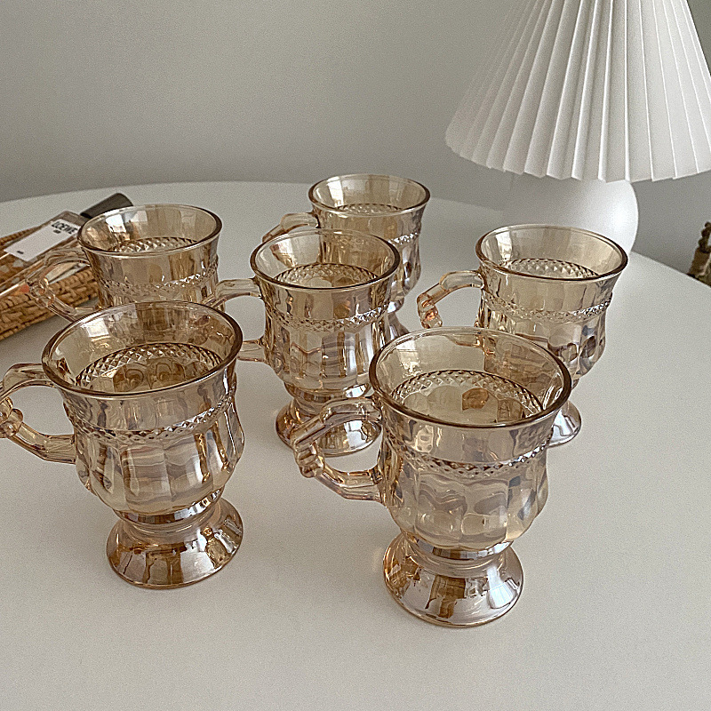 British-style afternoon tea cup, high appearance level, tall legs, small size, light luxury, embossed European retro glass latte coffee cup with handle Application Scenario