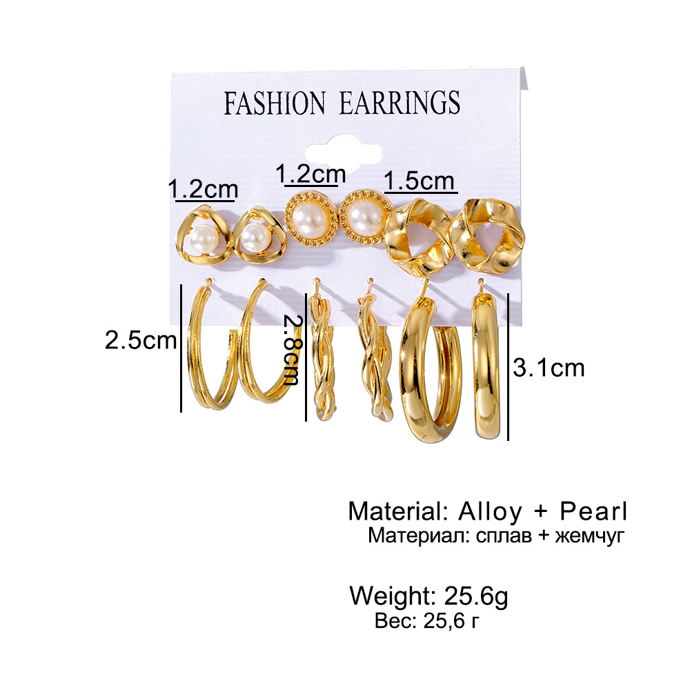 New cross-border geometric circle pearl women's earrings set, 6-pair pearl butterfly exaggerated twisted earrings from Europe and America Specification drawing