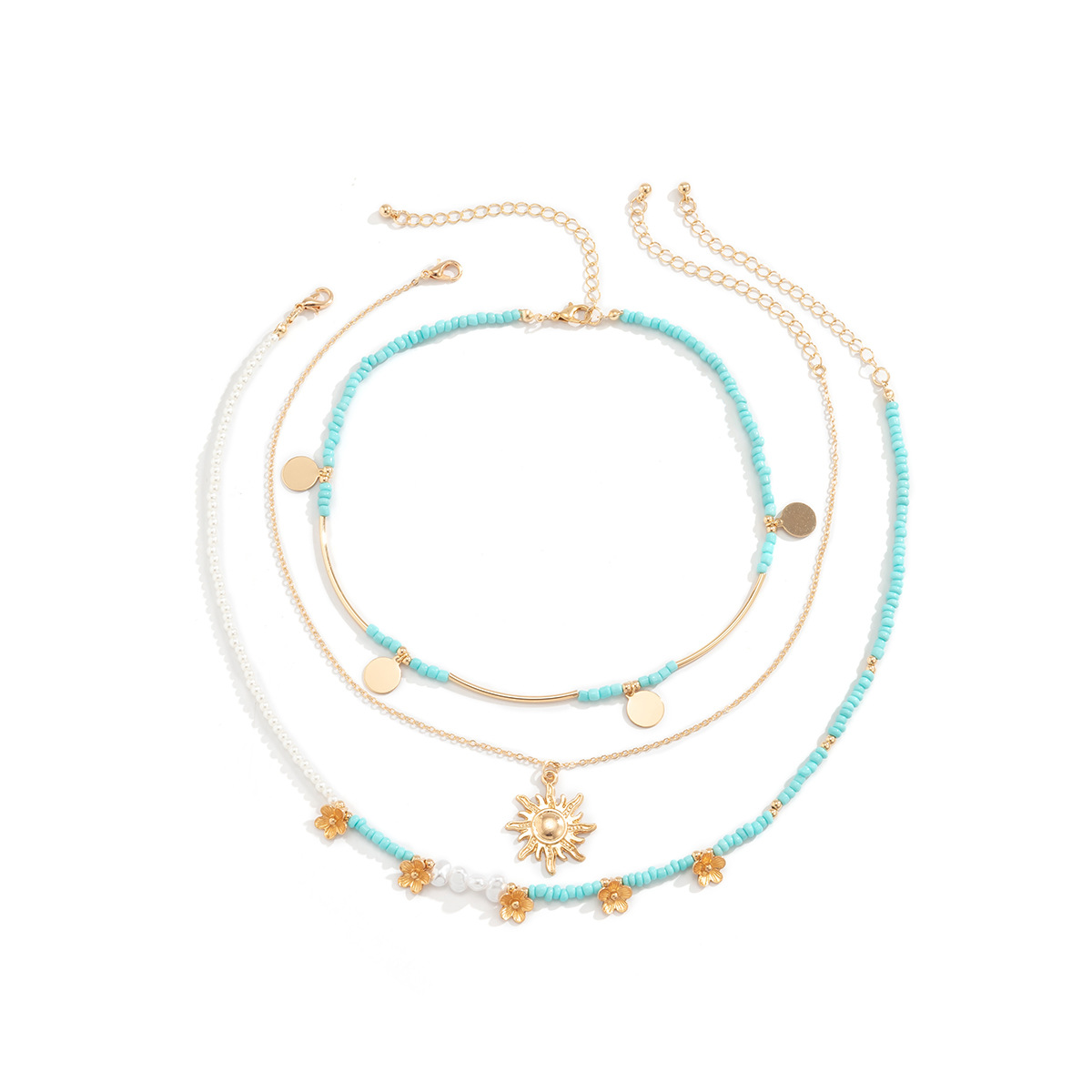 Versatile rice bead sequin tassel sunflower pendant, retro collarbone neck chain, European and American hip-hop imitation pearl niche necklace Item Picture