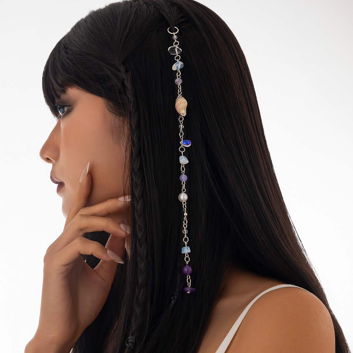 European and American cross-border jewelry, beach conch, crushed stone, tassel hair accessories, shell irregular natural stone, long chain hair accessories details Picture