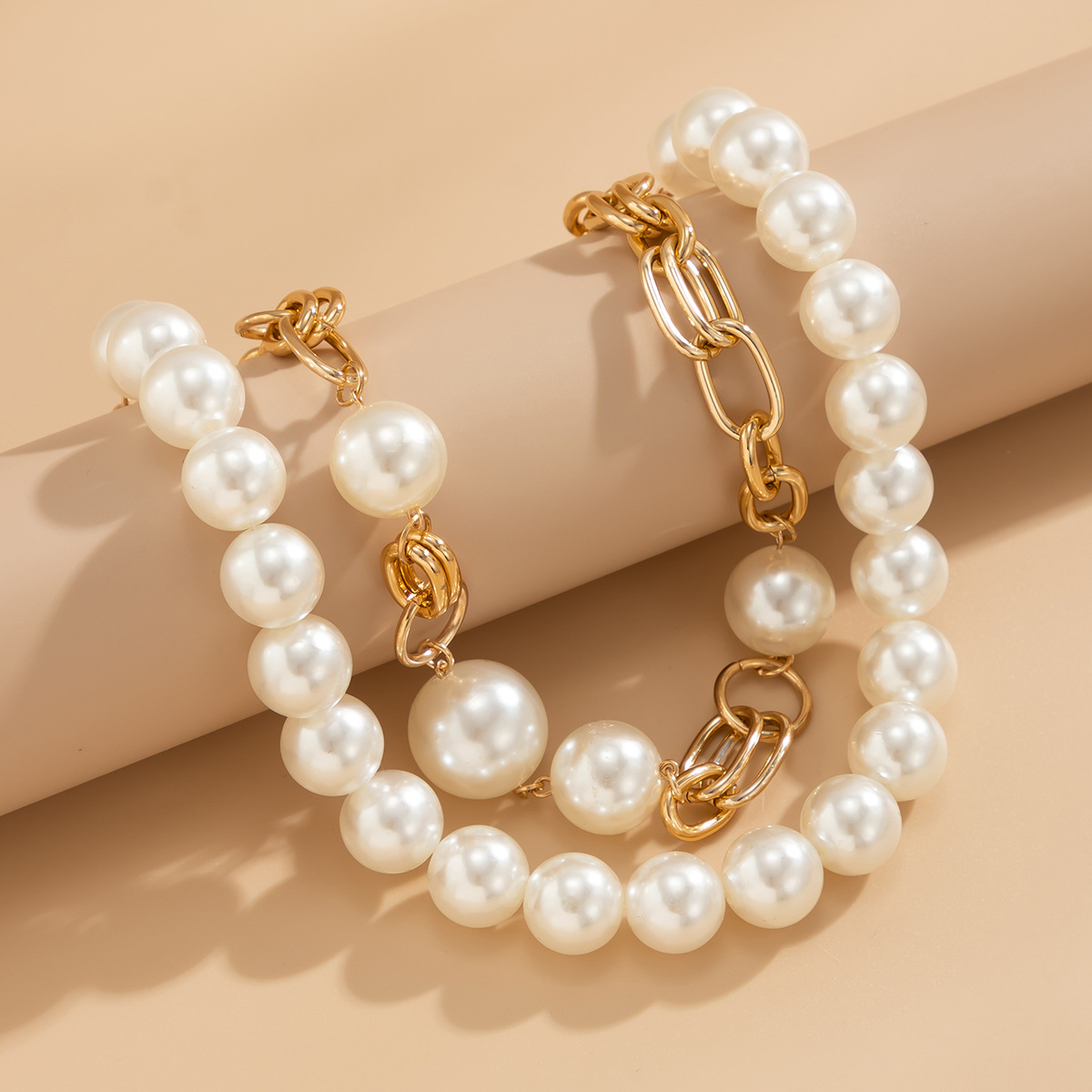 European and American cross-border jewelry creative punk style round bead double-layered wearing necklace necklace exaggerated metal chain Specification drawing