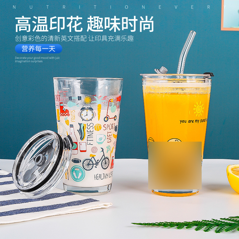 Internet-famous glass straw water cup, milk tea cup, hot water cartoon cola juice cup, Douyin graffiti glass cup Specification drawing