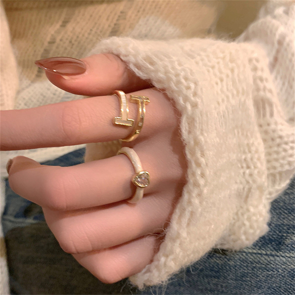 Korean double-layer glazed heart-shaped zircon ring, a rare and high-end gold opening adjustable index finger ring in an ins style for women details Picture