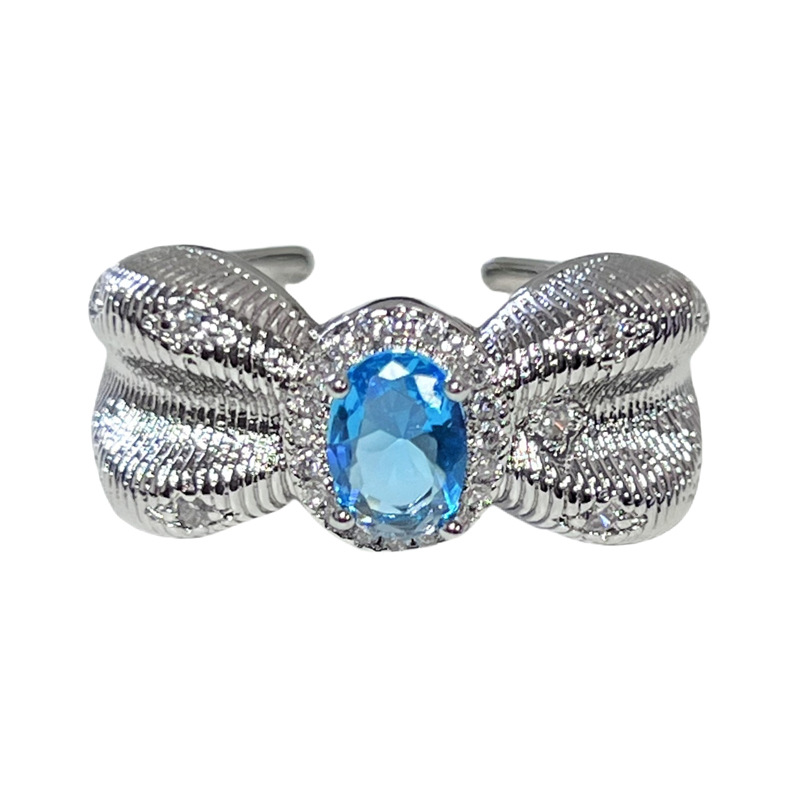 Super Flash Heavy Industry Water Drop Sea Blue Diamond Pigeon Egg inlaid open ring, feminine, niche bow light luxury ring Item Picture