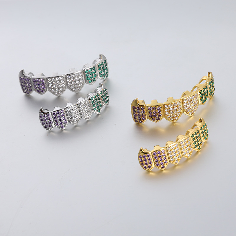 In 2024, the new cross-border product, hiphop teeth grillz teeth, features color micro-inlaid zircon gold teeth details Picture