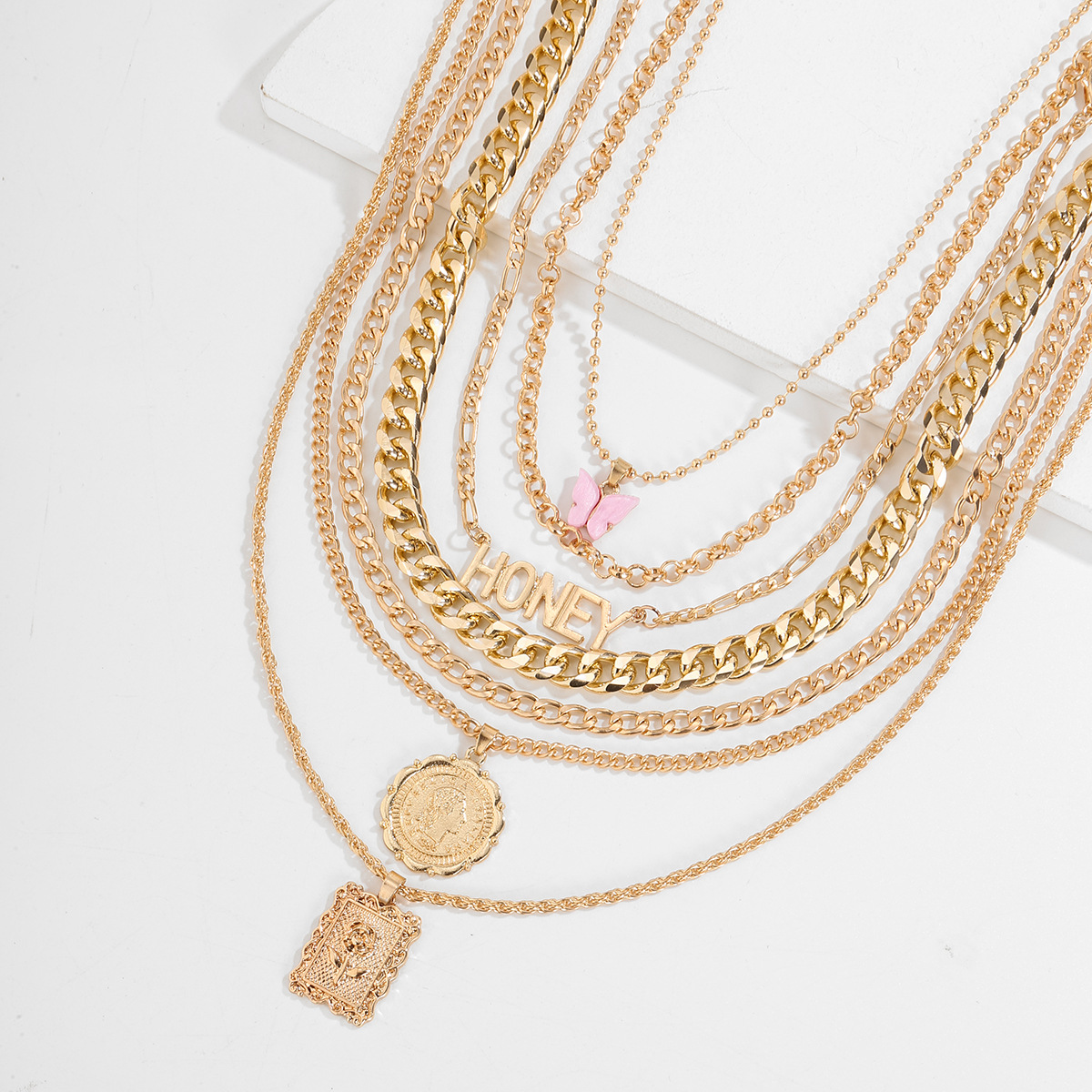 European and American cross-border fashion accessories, personalized and simple OT buckle multi-layer necklace, retro set, alloy butterfly necklace Application Scenario