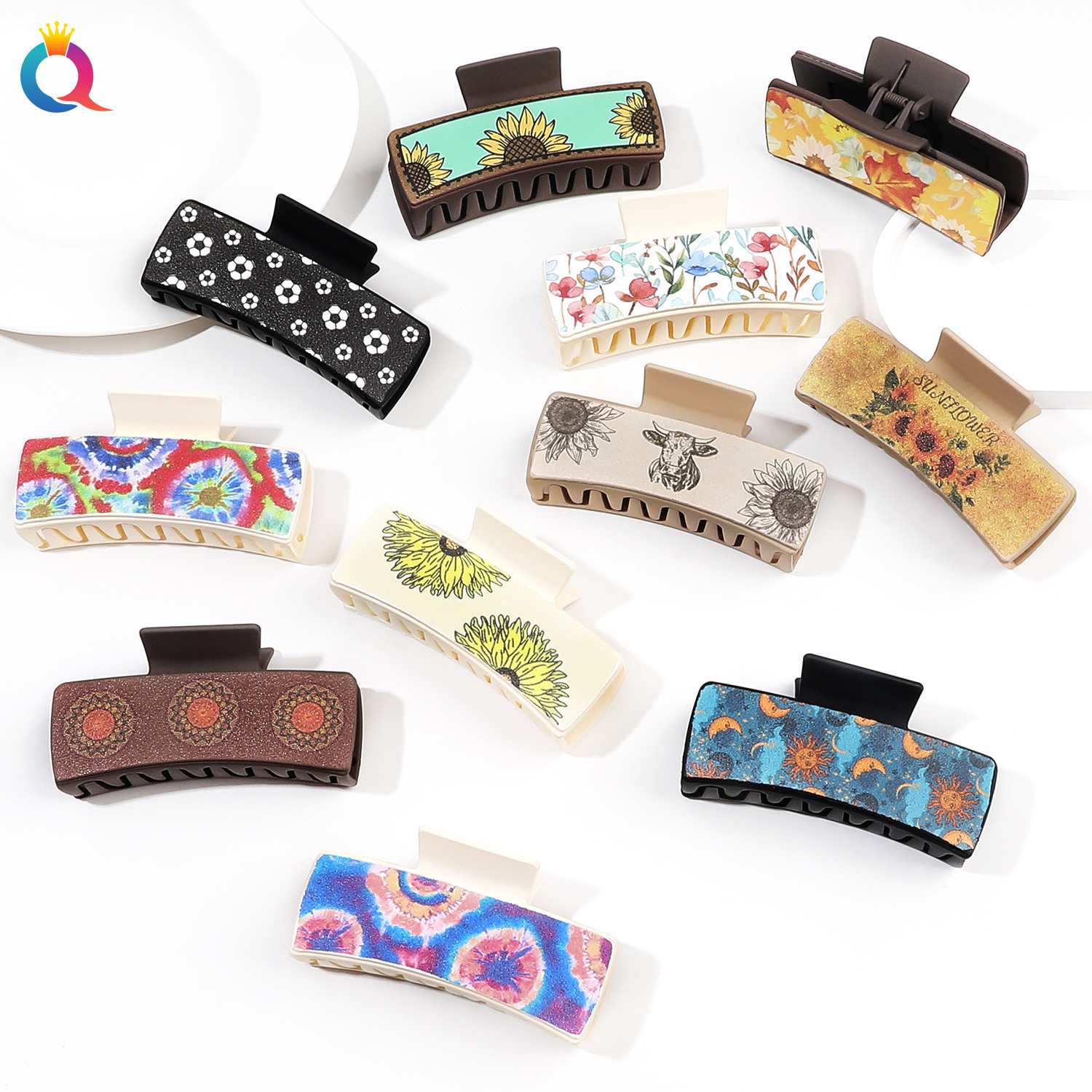 Qiyue Amazon PU Shark clip, painting style leather hair clip, cross-border square clip, elegant grab clip hair accessory wholesale details Picture
