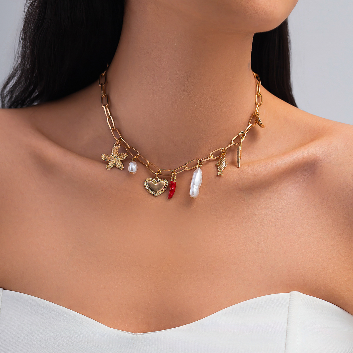 European and American cross-border jewelry, vacation cherry and chili oil drip pendant necklace, retro ocean style alloy collarbone chain details Picture