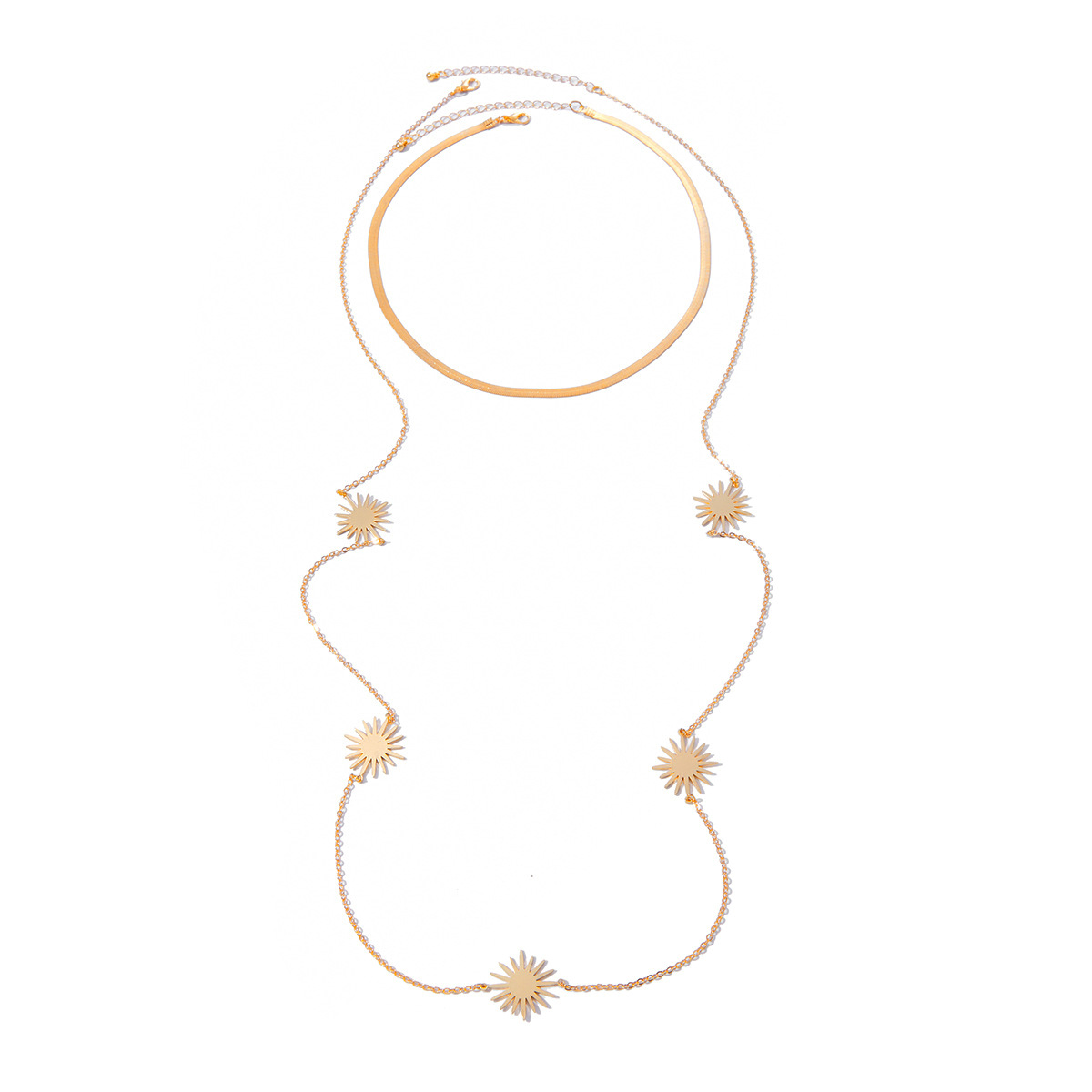 European and American cross-border jewelry, fashionable metallic snake bone chain necklace set, simple and long sun round plate collarbone chain Item Picture