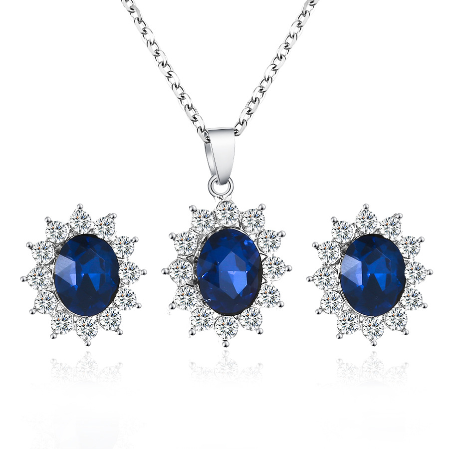 European and American fashion set jewelry sunflower zircon stud earrings, the same style as Kate Middleton's Tanzanian sapphire necklace pendant Item Picture