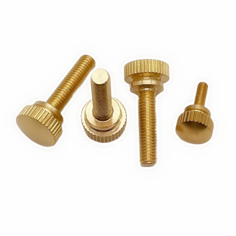 Nickel-plated brass hand-turned screws with thread M3, M4, M5, M6, M8, knurled straight grain, national standard and non-standard adjusting screws full figure