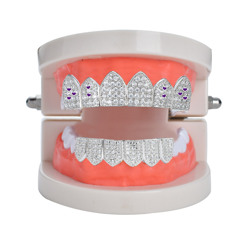 Cross-border new product: Purple oil-drip dental jewelry, heart zircon inlaid zircon hip-hop personality, Halloween nightclub exaggerated dental jewelry Item Picture