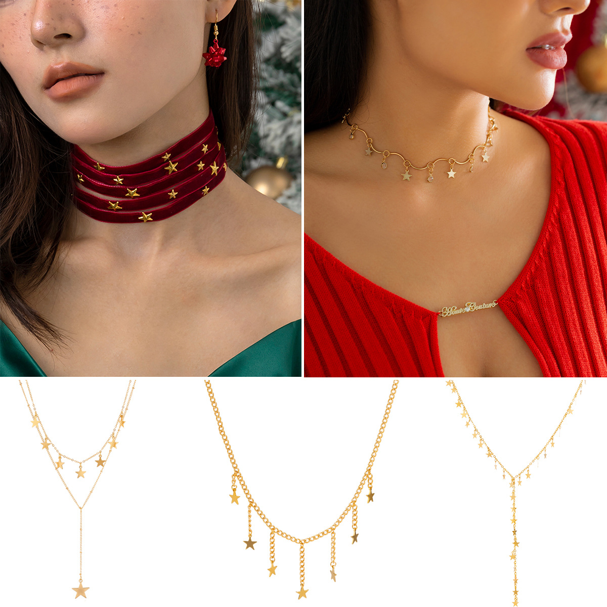European and American cross-border jewelry, simple metal long sweater chain necklace, Christmas-style velvet star sweet and cool necklace for women full figure