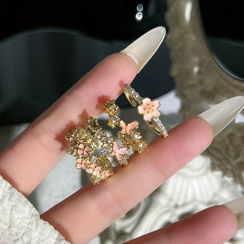 Summer peach blossom pink flower enamel open ring for female butterflies, sweet and cool style, versatile, exquisite and cold style ring full figure