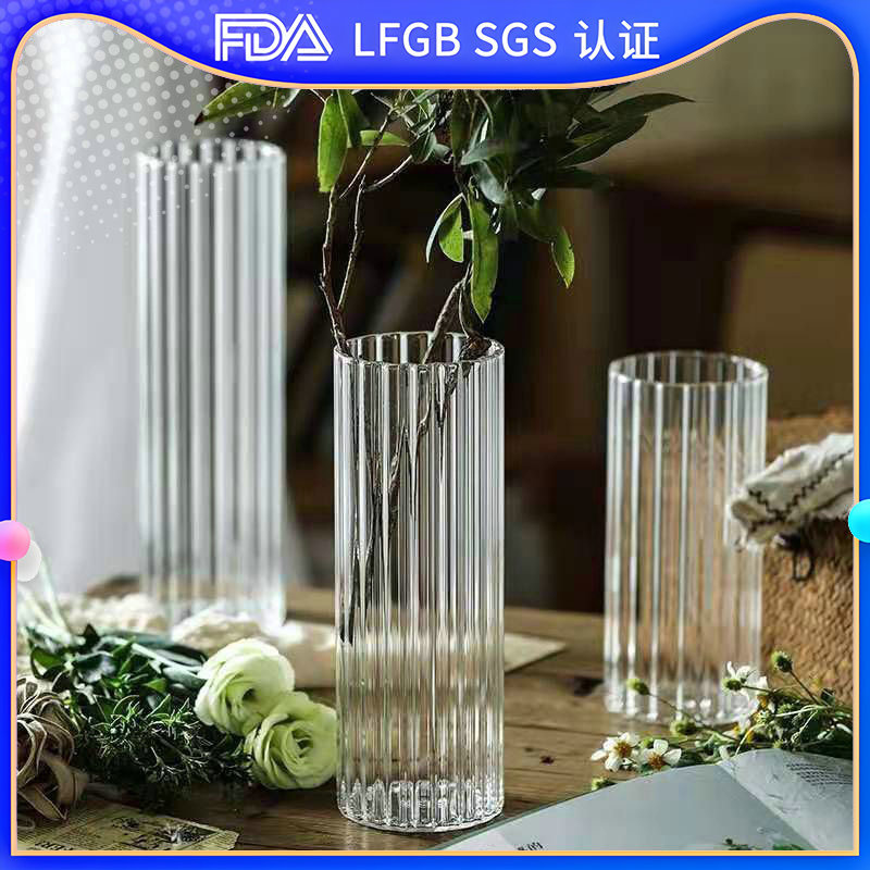 Transparent striped glass vase, Nordic light luxury style decorative item, home plant hydroponic cup, creative living room vase arrangement full figure