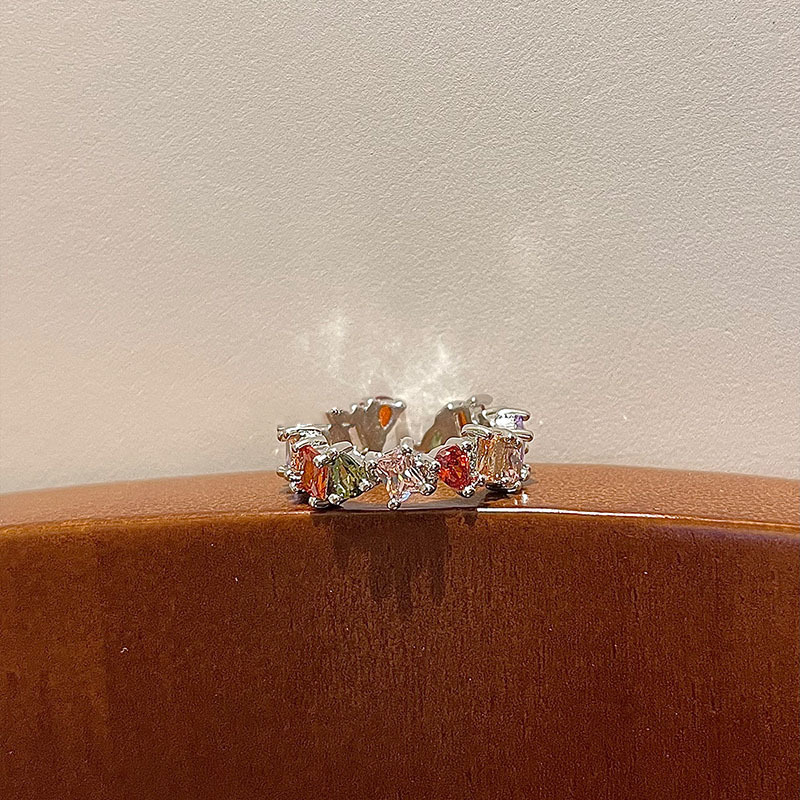 Dreamy rainbow-colored zircon light luxury open ring for women, a niche design on Instagram, a new trend for women in 2023 Specification drawing