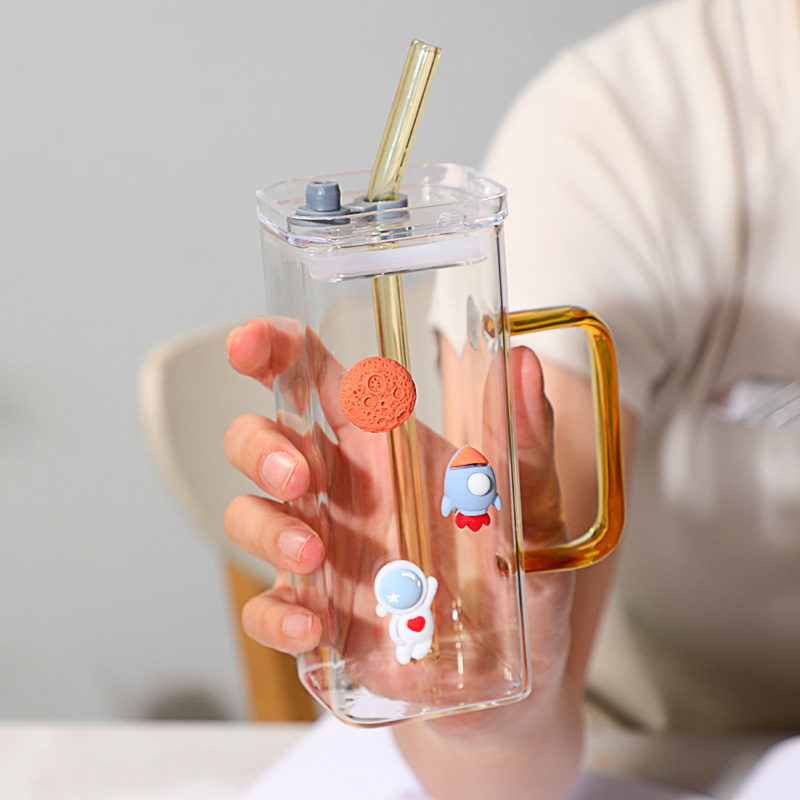 High appearance level DIY astronaut covered straw heat-resistant glass cup, ins style high borosilicate square mouth water cup, juice cup Specification drawing