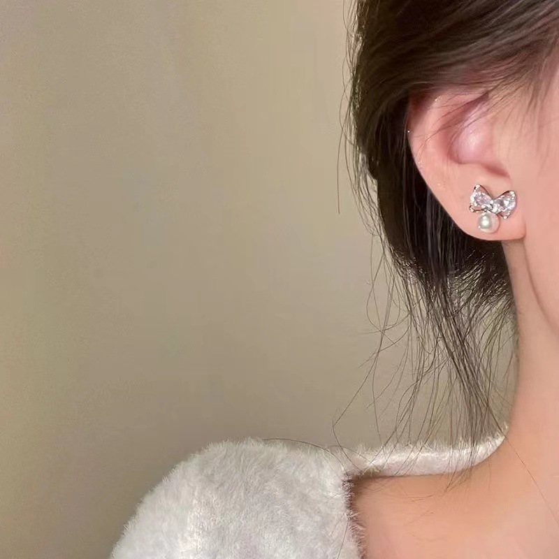 s925 Light Luxury High-end Bow Zircon stud Earrings for Women 2025 New i Niche Design sense Pearl pendant earrings details Picture