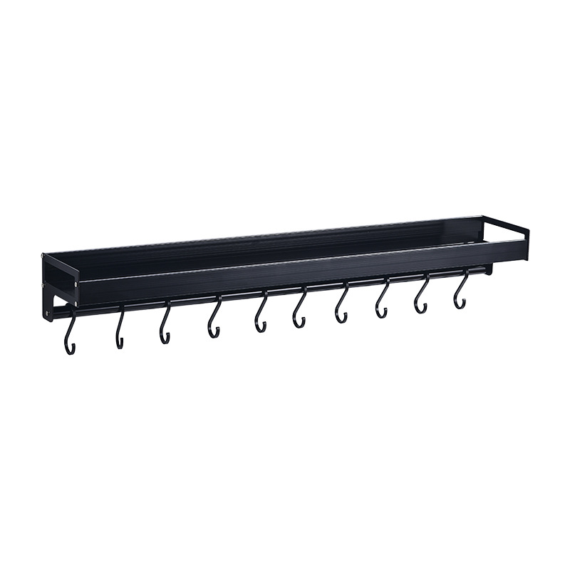 Black space aluminum kitchen storage rack, wall-mounted seasoning rack, multi-functional bathroom storage rack, hook, no need for drilling Item Picture