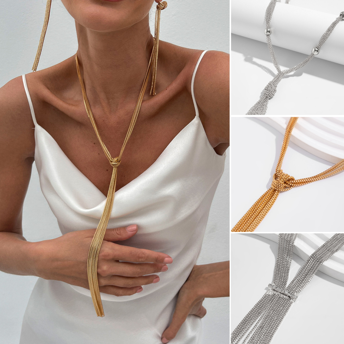 European and American cross-border jewelry: Simple Y-shaped metal tassel plain chain necklace, cold style, multi-layer CCB bead collarbone chain full figure