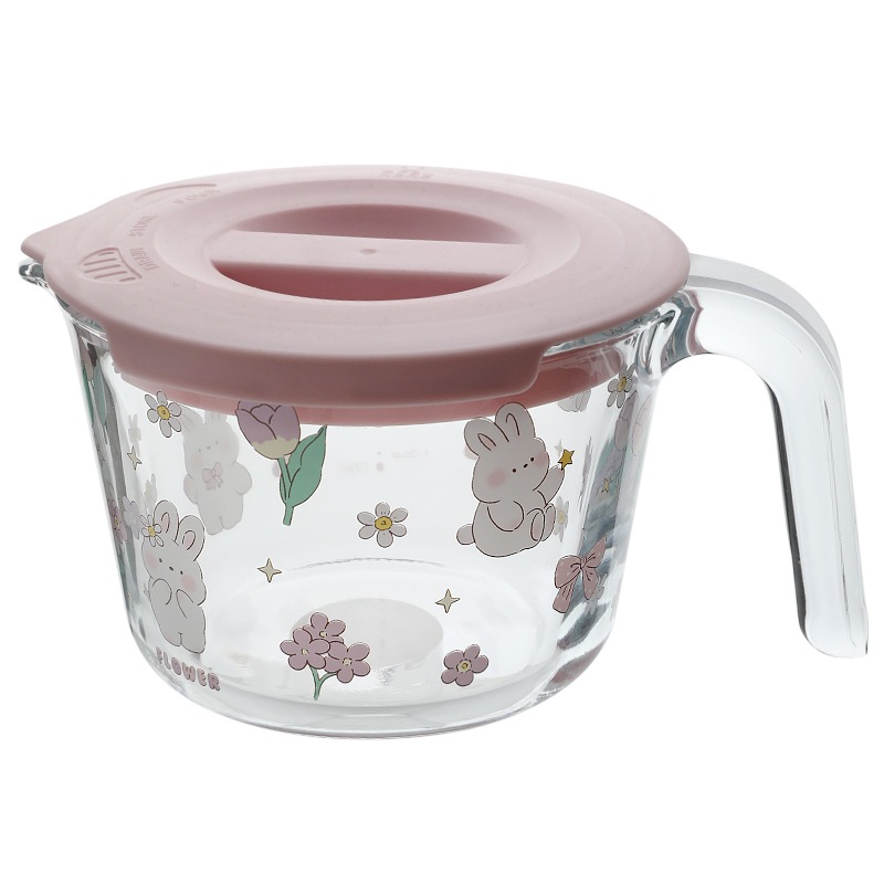 Bolimei High borosilicate glass measuring cup, girl's heart rabbit graduated measuring cup, baking cup, heat-resistant lid Item Picture