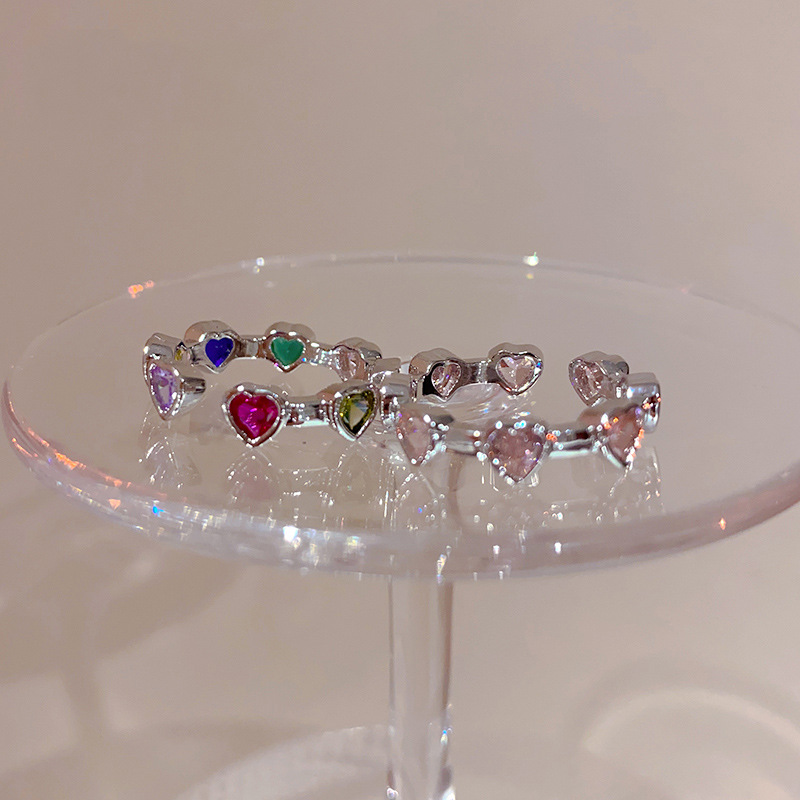 French light luxury and niche design heart-shaped colored diamond zircon open ring for women's 2023 new trendy and simple index finger ring Application Scenario
