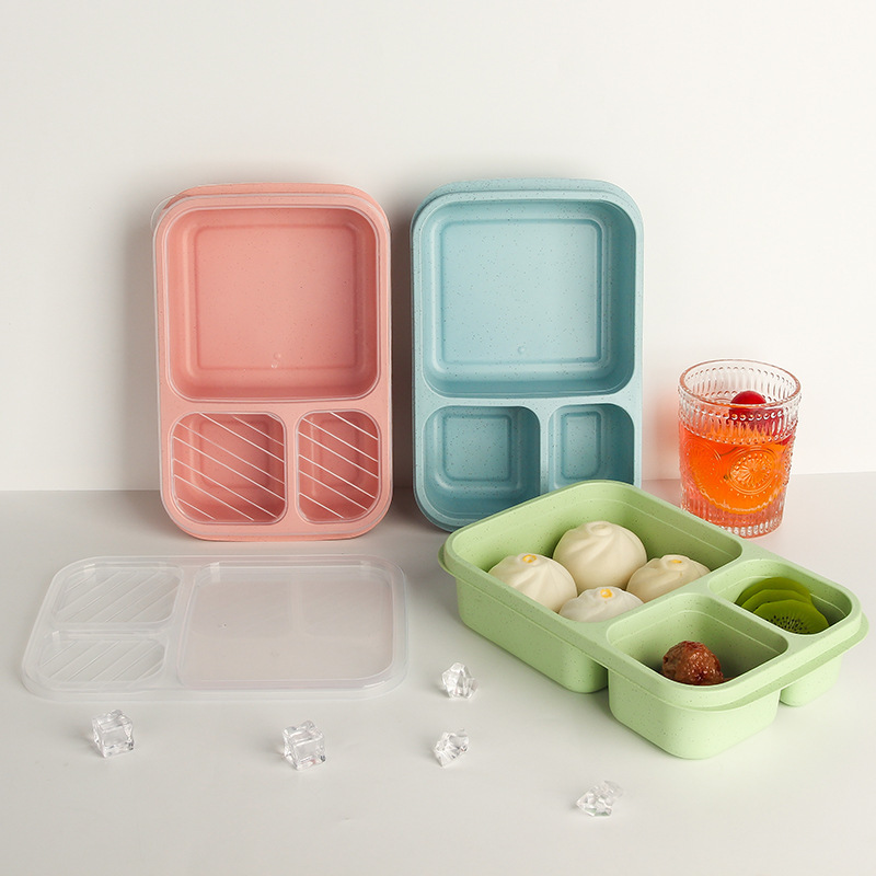 Wholesale of cross-border wheat straw lunch boxes, Japanese large-capacity square three-compartment lunch boxes, and plastic student compartments lunch boxes Specification drawing