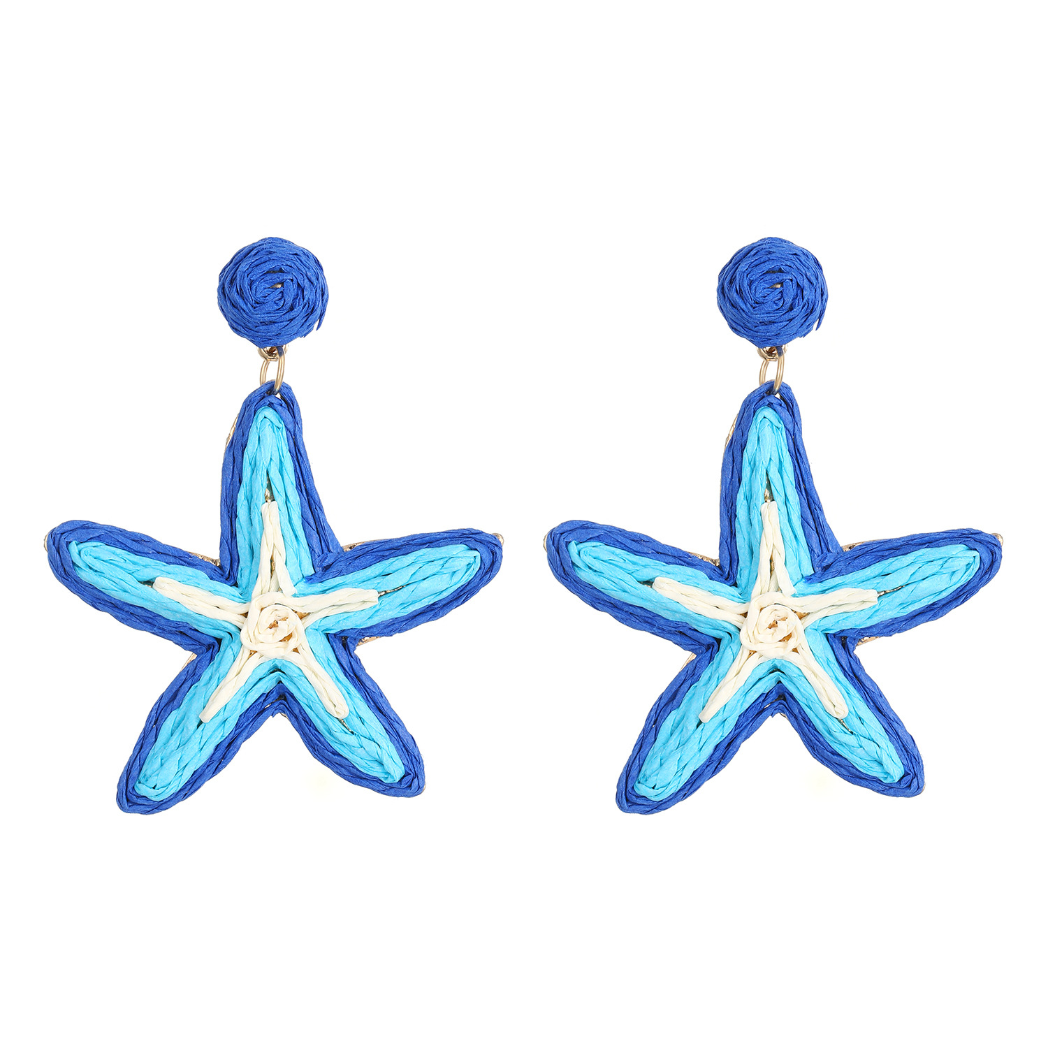 Summer flower earrings for women, dopamine vacation style, exaggerated starfish stud earrings, hand-woven raffia grass earrings for women Item Picture