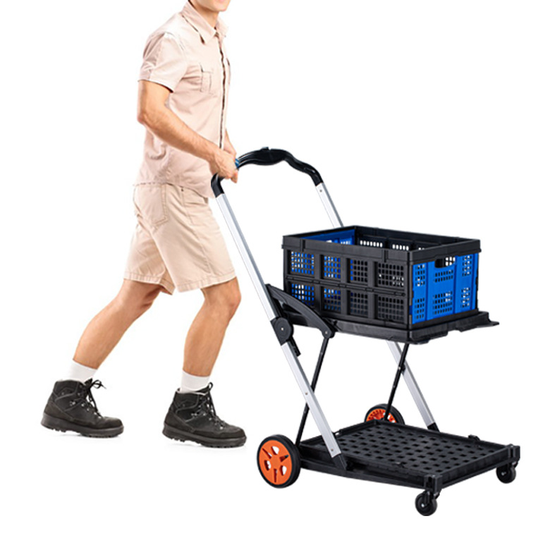 Multi-functional folding double-layer trolley, portable storage trolley, picture gallery, office, warehouse, moving goods, mobile small trolley details Picture