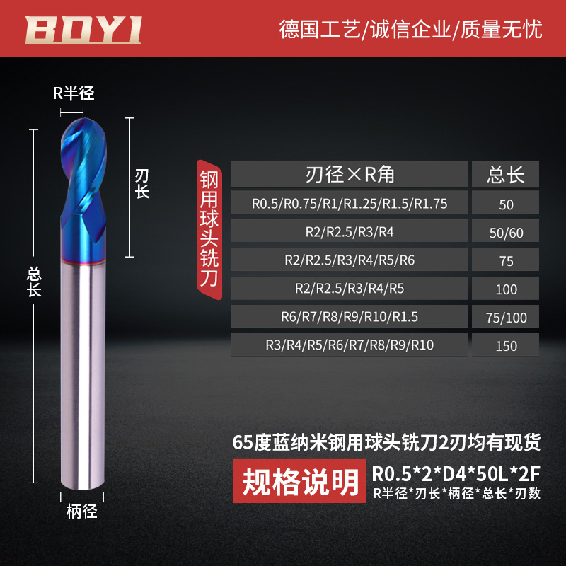 2-edge tungsten steel ball milling cutter, stainless steel carbide ball cutter, extended coating, heat treatment, cnc numerical control tool R6, R7 Specification drawing