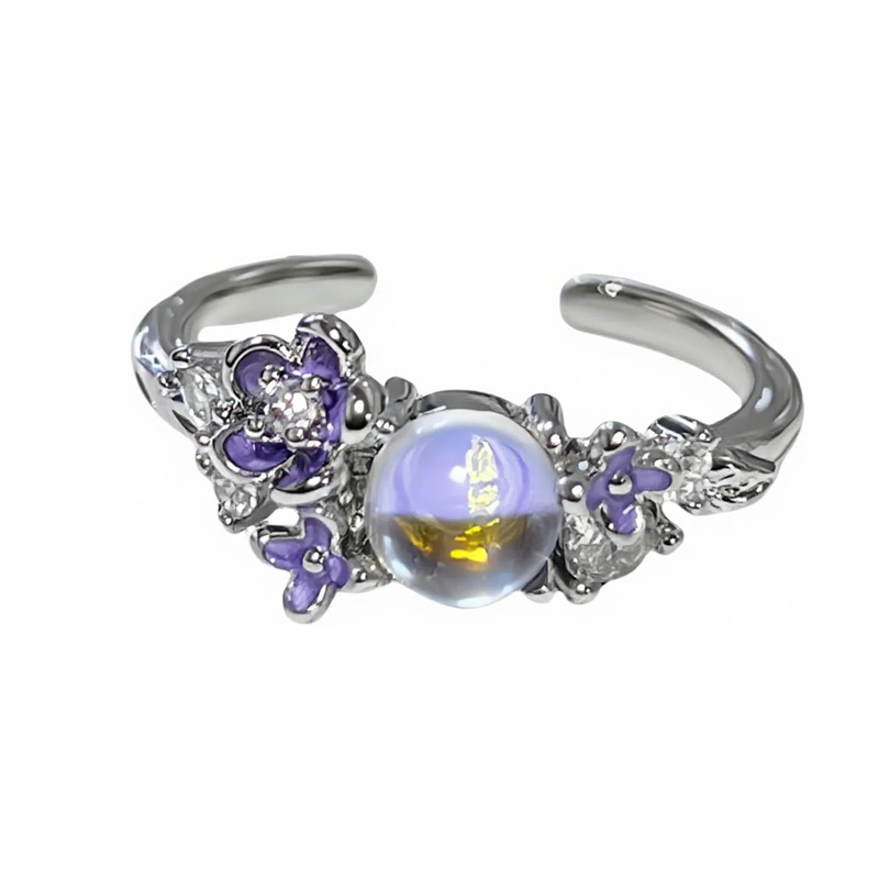 A new French sweet and cool purple glazed moonstone moonstone personalized open ring, a delicate and unique light luxury ring for women Item Picture