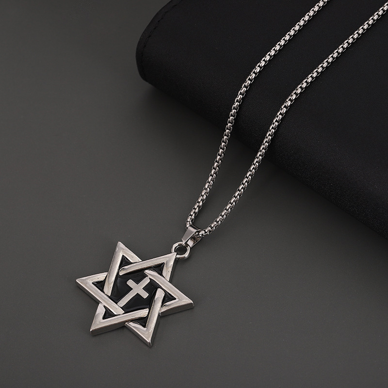 Creative new personalized hip-hop titanium steel necklace for men, retro round plate hexagram pendant, direct supply from the manufacturer Specification drawing