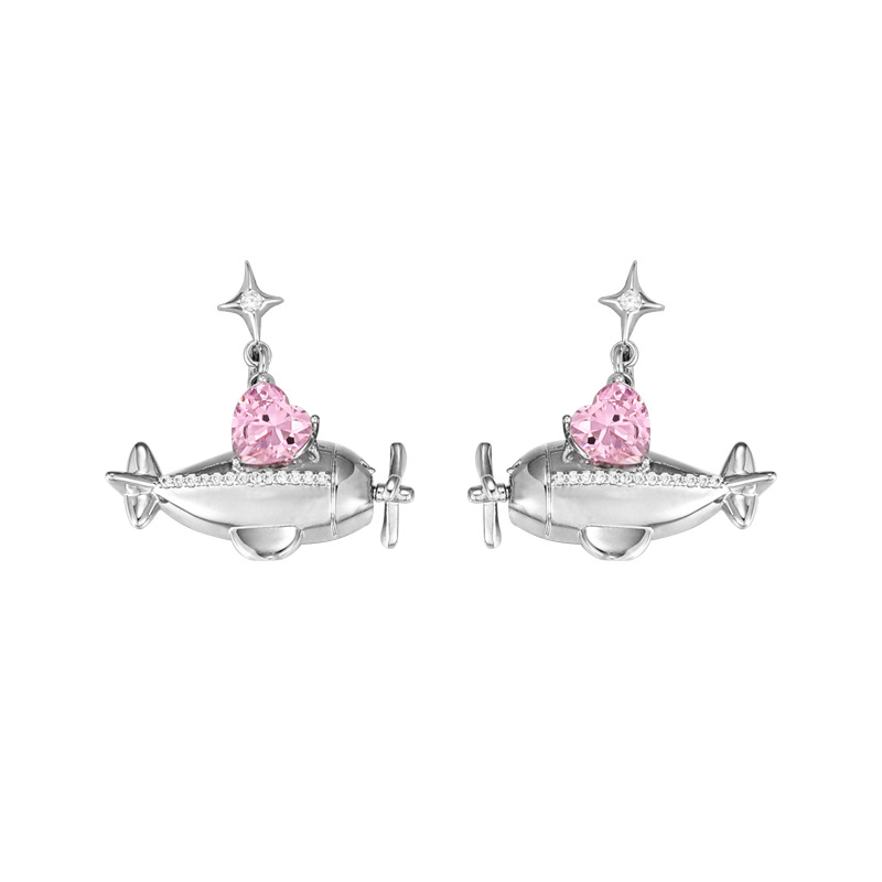 Original design: Pink zircon airplane series stud earrings, unique and high-end necklace, bracelet, earrings and ring for women Item Picture