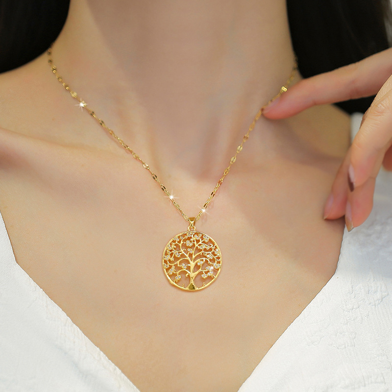 【 Titanium Steel 】 Circular Big Tree Light Luxury Cross-border Banquet Wedding necklace, versatile collarbone chain for female Internet celebrities, titanium steel chain details Picture
