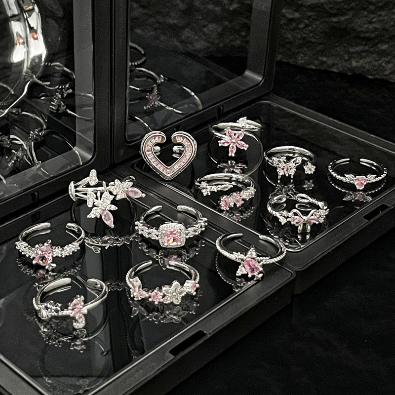 Sweet and cool pink diamond butterfly irregular simple and fashionable open ring, adjustable for women, cold style, layered and niche ring Specification drawing